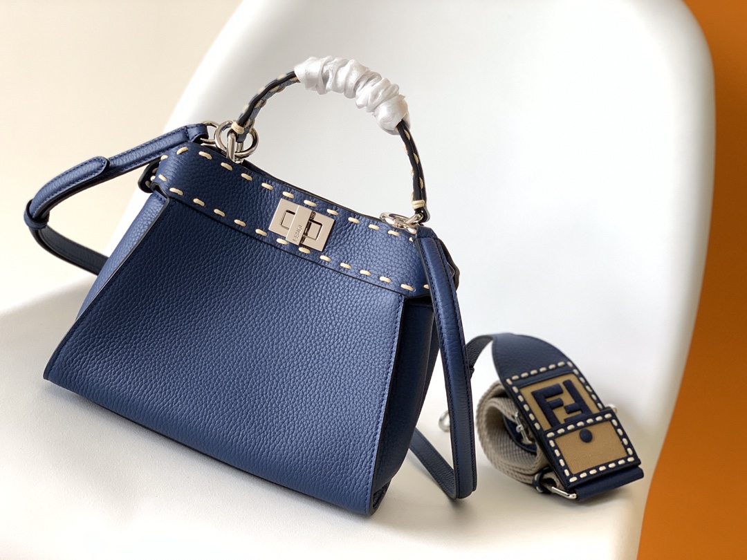 Fendi Peekaboo ISeeU Mini Blue Selleria Bag with 220 Hand-sewn Topstitches